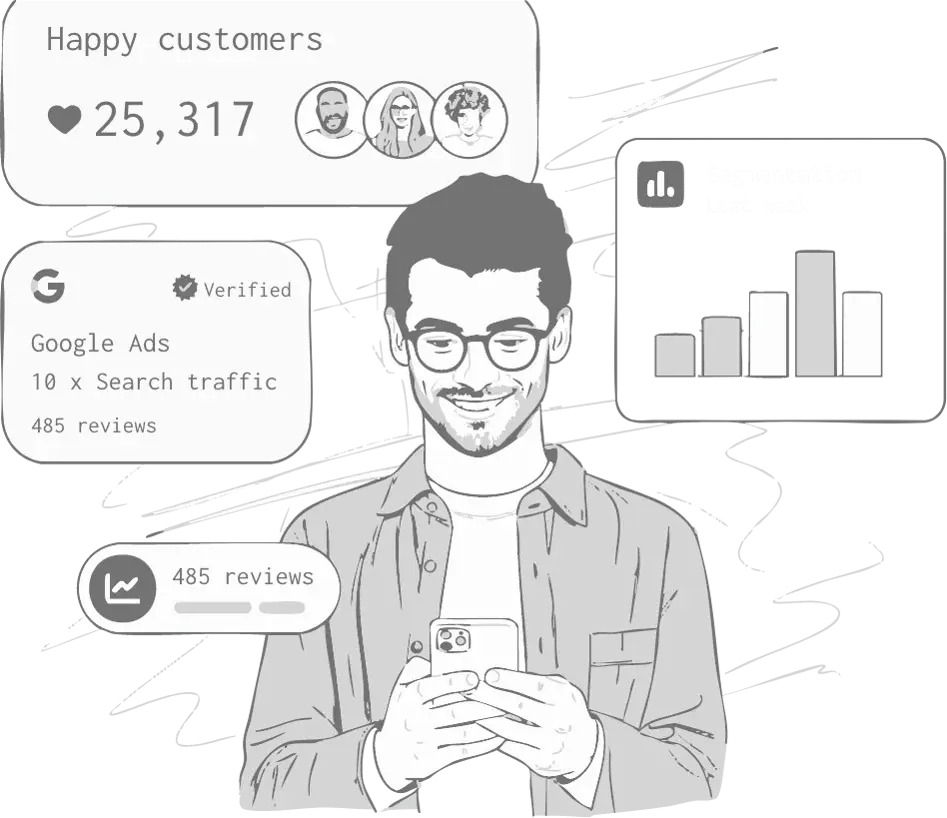 Persona con celular en la mano feliz con servicios smk